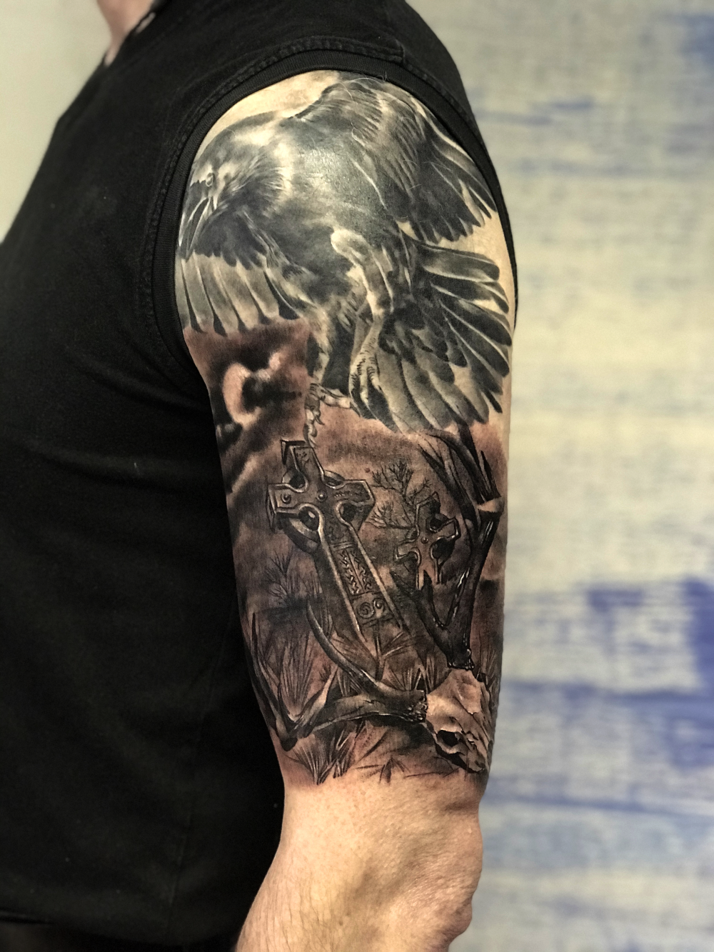 Blackwork crow tattoo - Tattoogrid.net